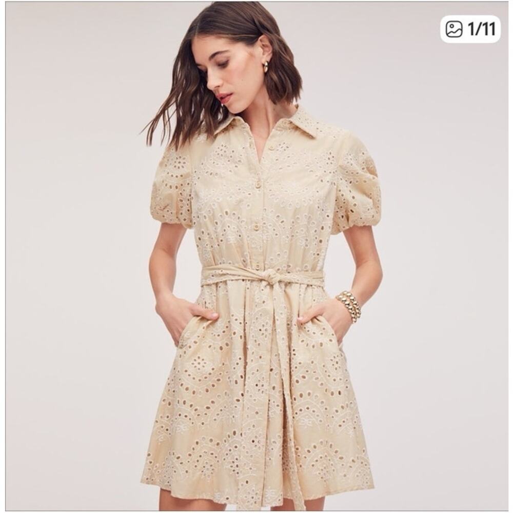 Sam Edelman Beige Mini Puff Sleeve Eyelet Shirtdress Belted Waist Approx Size L